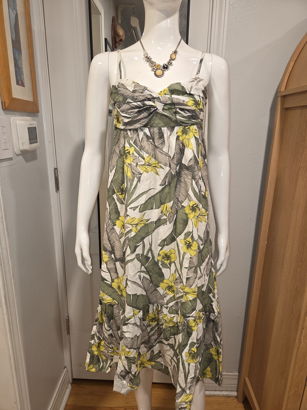 Banana Republic Floral Yellow & Green Spaghetti Strap Midi Dress Sz 2